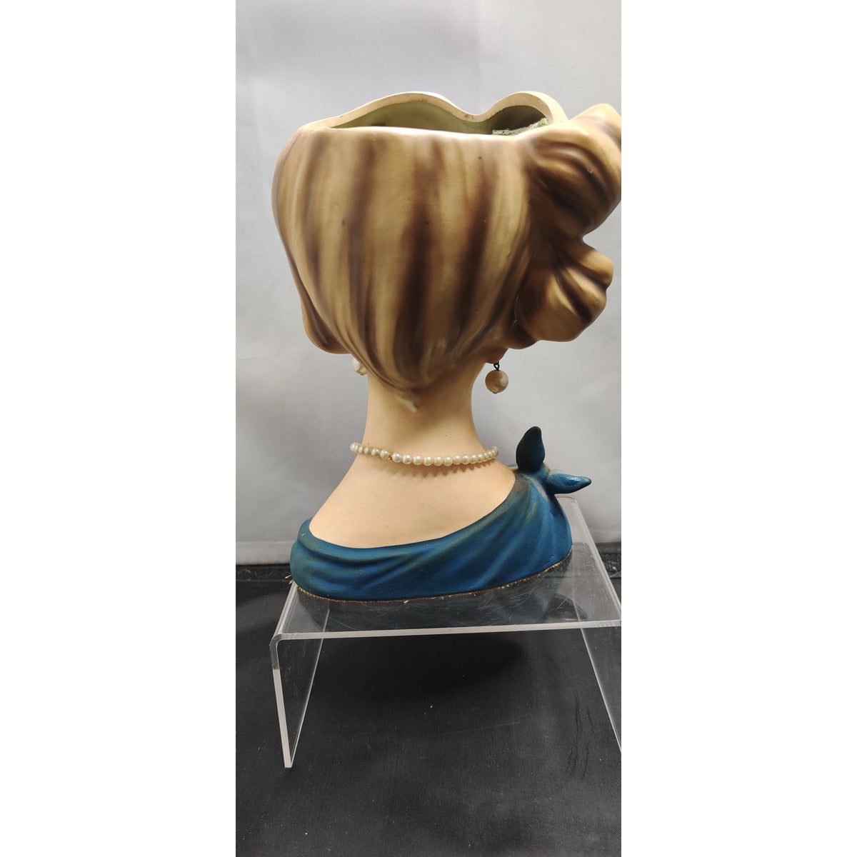 Vintage 1950s Blonde Lady Head Vase Planter Blue Dress Collectible MCM 7"