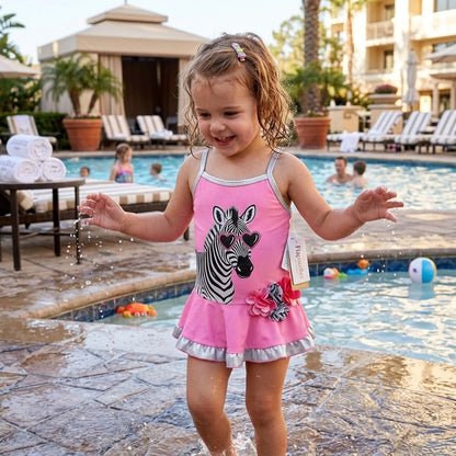 NWT Flapappyles Girls Pink & Silver Zebra Swim Dress Size 4 Swimsuit One Piece