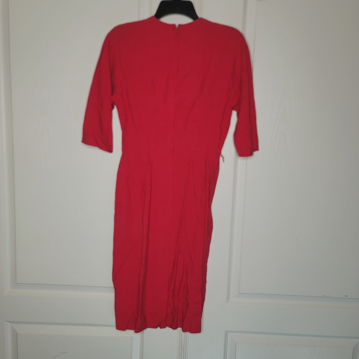 Vintage FOREVER YOUNG 50s red 3/4 Sleeve Textured Dress Cotton WIGGLE Casual