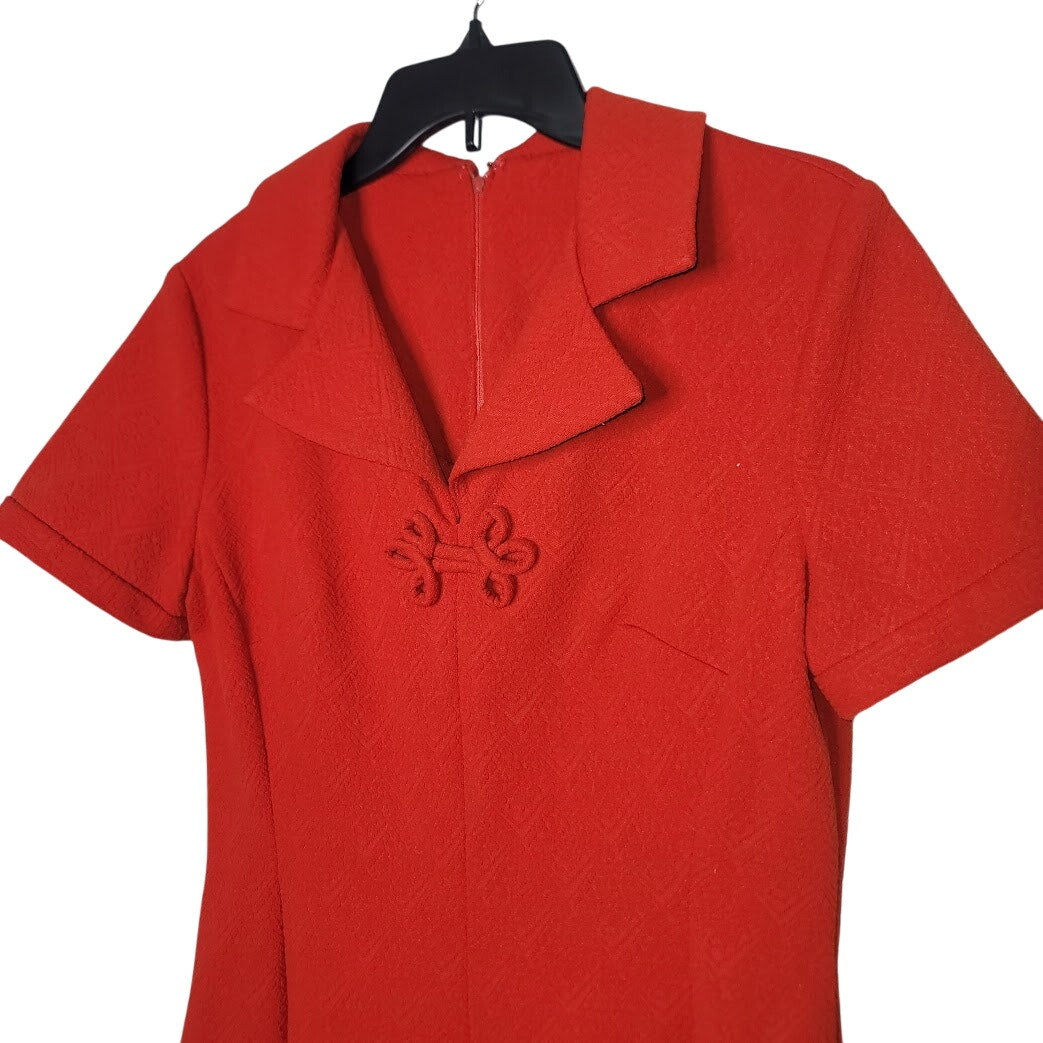 1960s LARGE/XL Vintage Polyester Red Fit Flare Dress Short Sleeve Union Textured