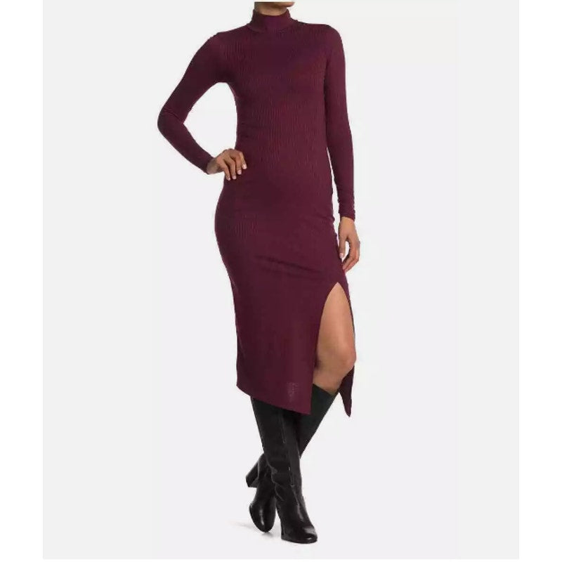 AFRM Dress Malbec Joyce Mock Neck Midi Women Size Large Ribbed Burgundy NEW