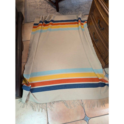 Sackcloth & Ashes Wool Blend Blanket Cabin tan Fringe Striped 59x70