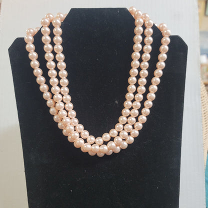 Vintage Fashion Necklace Pink 3 strings multi strand faux pearl 9.5"