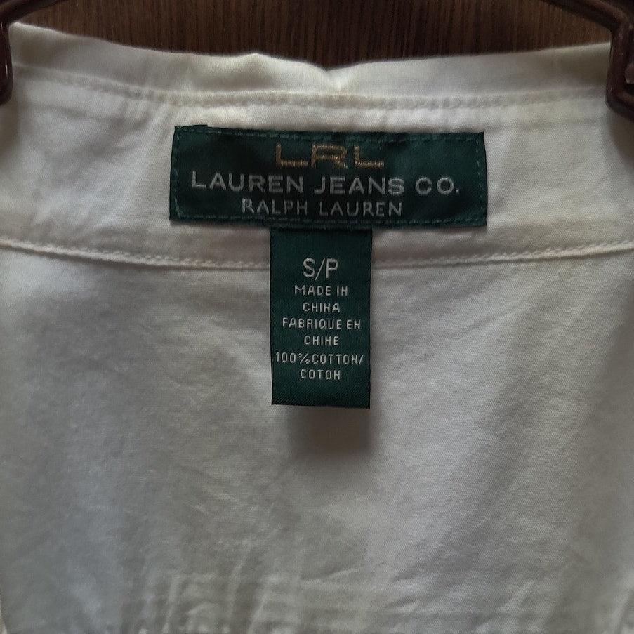 LRL Ralph Lauren White Button Up Shirt Womens Petite Small Roll Tab Blouse