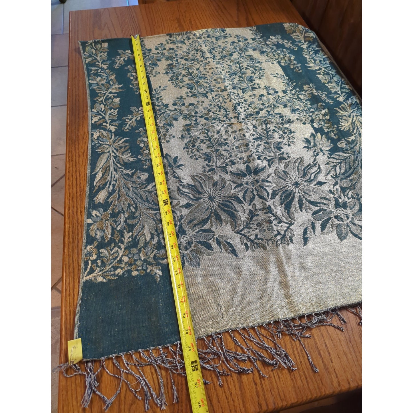 Luxury Teal Blue & Metallic Gold Floral Jacquard Pashmina Silk Blend Scarf Shawl