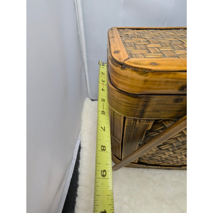 Vintage Bamboo Rattan Box Purse Top Handle Woven Sewing Basket Lunch Pail 70's