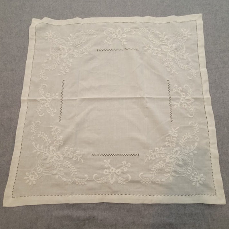 Vintage 1970s White Square 36" x 36" Tablecloth Hand Embroidery White Linens