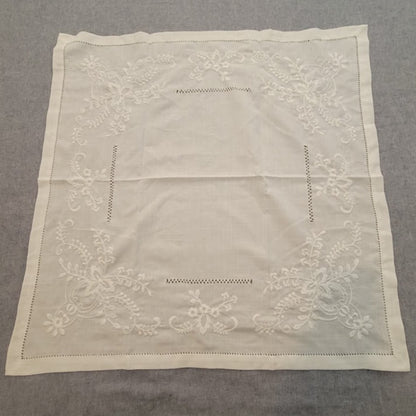 Vintage 1970s White Square 36" x 36" Tablecloth Hand Embroidery White Linens