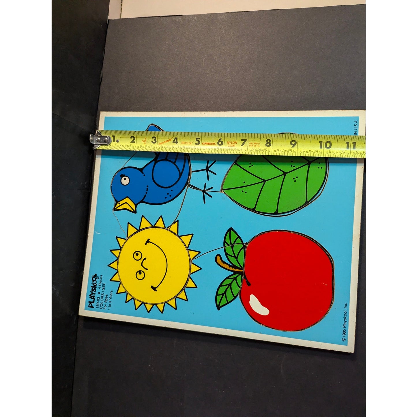Vintage 1985 Playskool Wood Inlay Tray 1-3 yr old Puzzle Sun Bird Apple Leaf USA