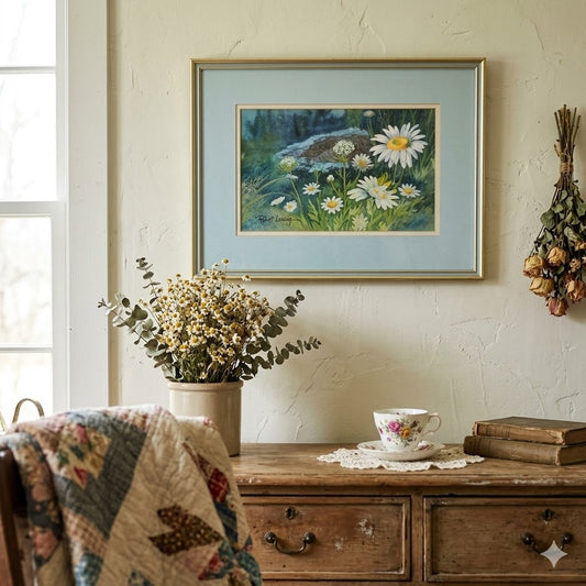 Vintage Mid-Century Modern Robert Laessig Daisy Original Watercolor Painting Frame