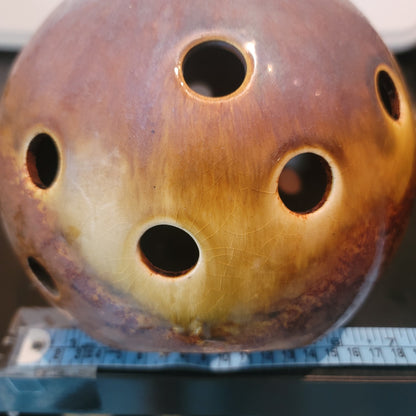 Vintage Ikebana vase orb sphere Ceramic brown glaze Approx. 7" Art Pottery