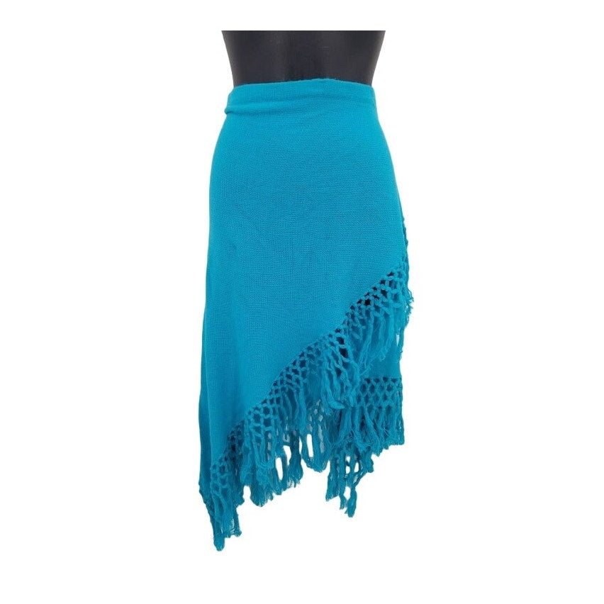 Vintage Glentex Blue Shawl Wrap Fringe One Size Knit Material Skirt Top boho