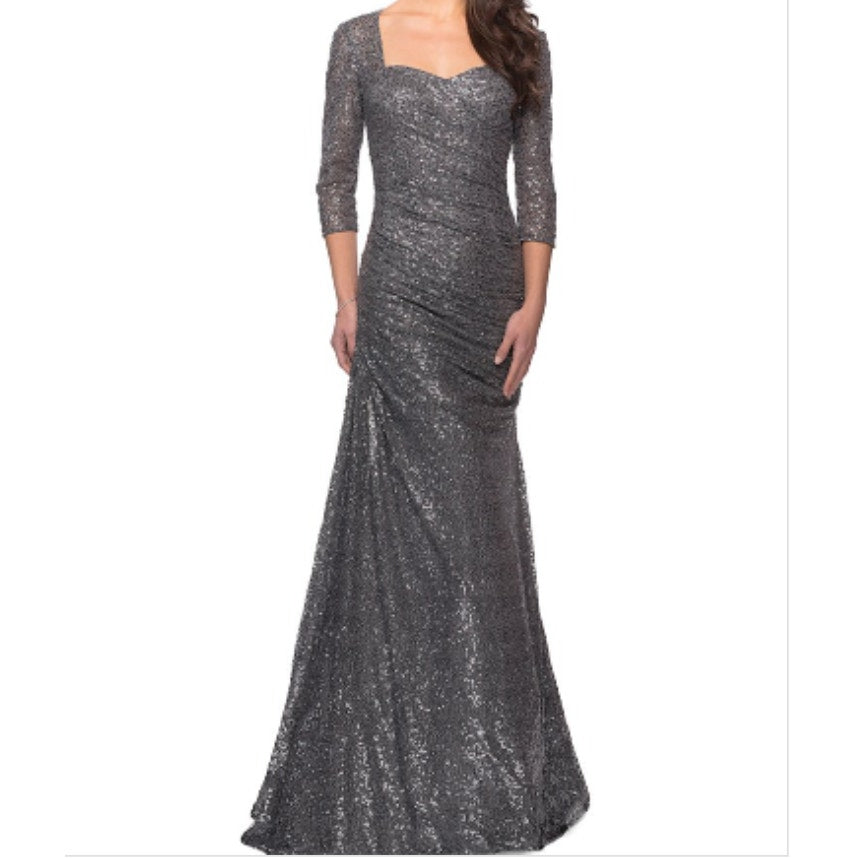 La Femme 28065 Gunmetal Sequin Gown Size 12 Formal Maxi Wedding 3/4 Sleeve NEW