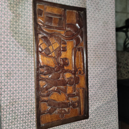 Handcrafted Market Village Vintage Wall Plaque Triptych Wall Mural Wood Carved