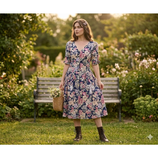 NY & Co. Vintage CottageCore Floral dress Size XS Fit Flare Rolled cuff sleeve