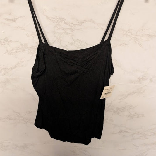PST ribbed size large camisole tank top spaghetti straps NEW black ruched neck