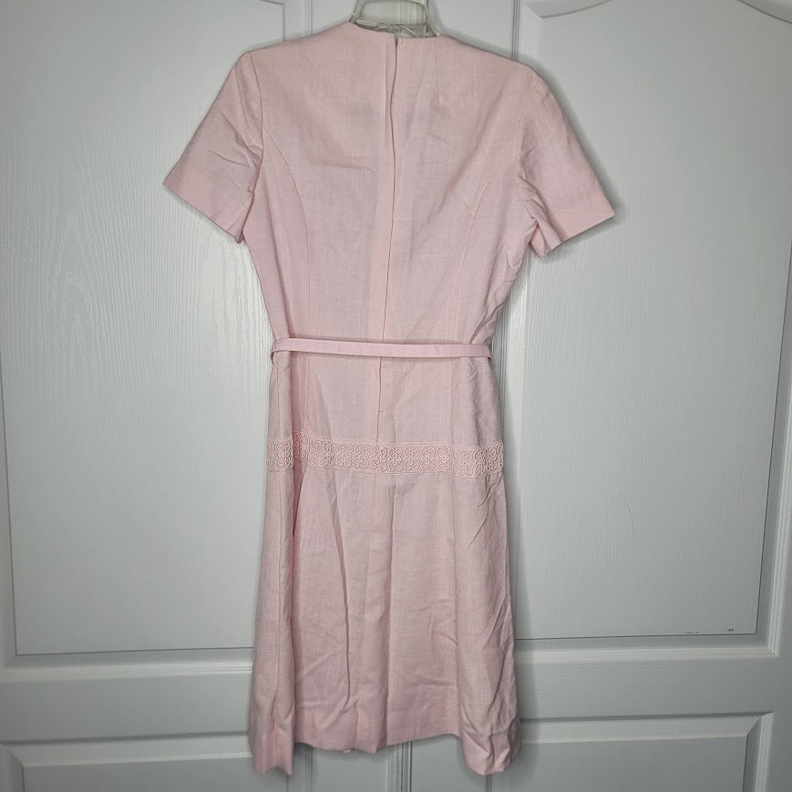 Vintage Medium Pink Dress 1960s Mr. Jack Dallas Belted drop waist Short Sleeve