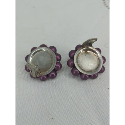 Vintage Two Tone Purple Pink Faux Pearl Cluster Clip On Earrings Mid Century