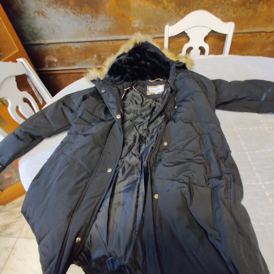 Nine West Faux Fur Trim Hooded Parka Coat Jacket Long Sleeve Black Size Small