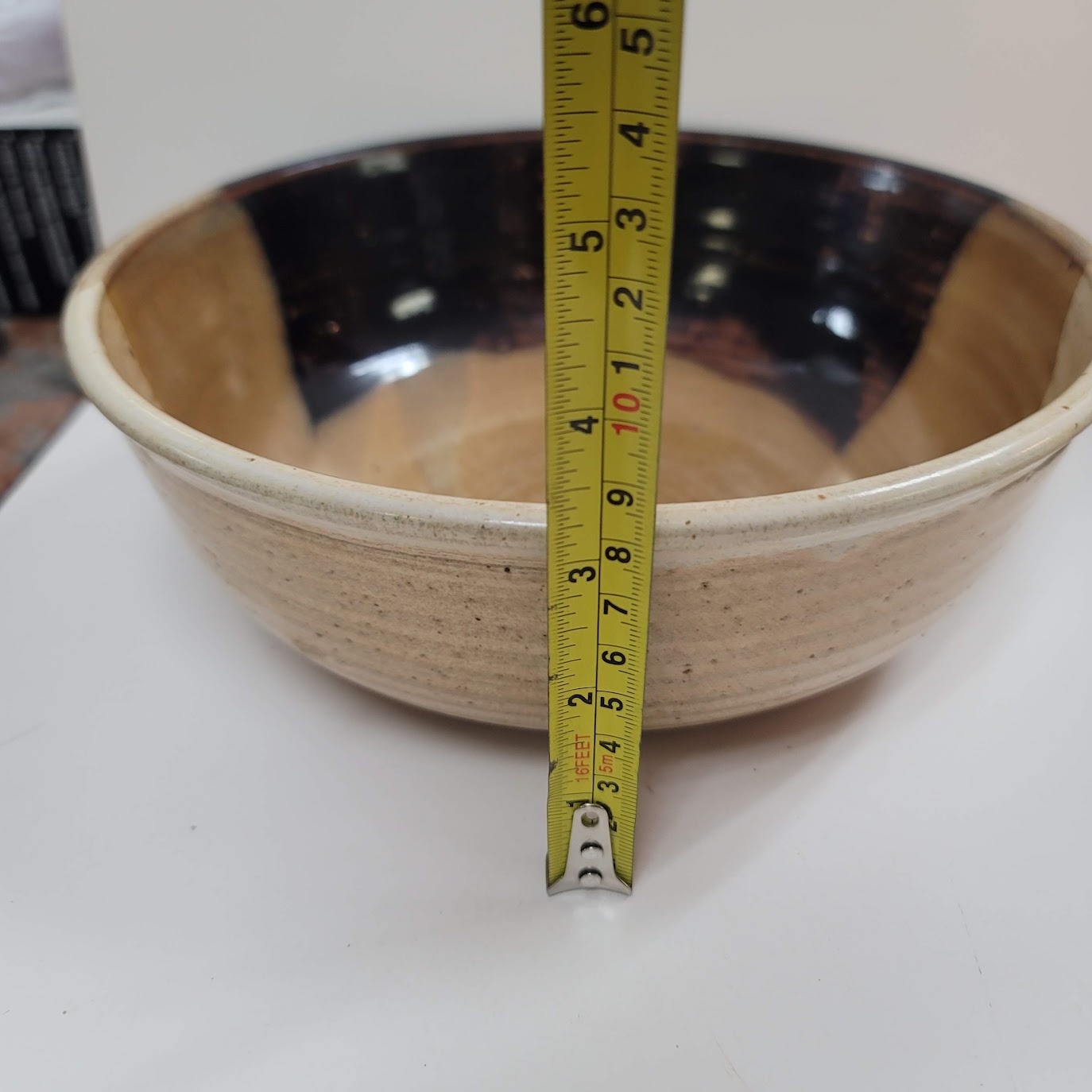 Handmade 1980s art pottery earthtone Signed Rusty 80 bowl 9" Brown Cream Tan