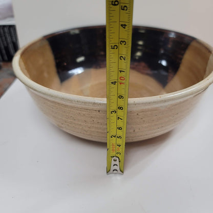 Handmade 1980s art pottery earthtone Signed Rusty 80 bowl 9" Brown Cream Tan