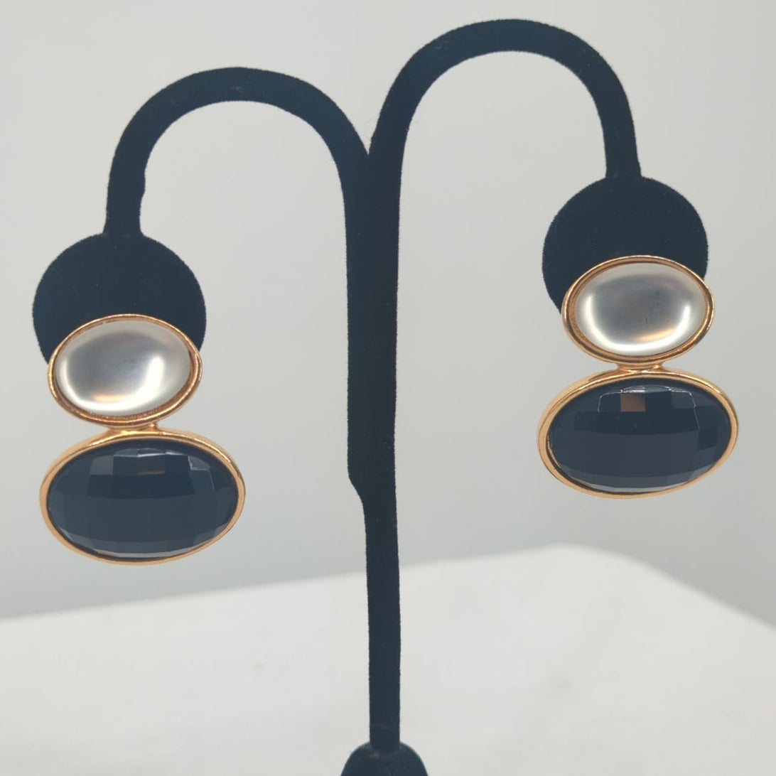 Vintage Double Drop Oval Earrings Black Faceted Resin Gold-Tone Glamour