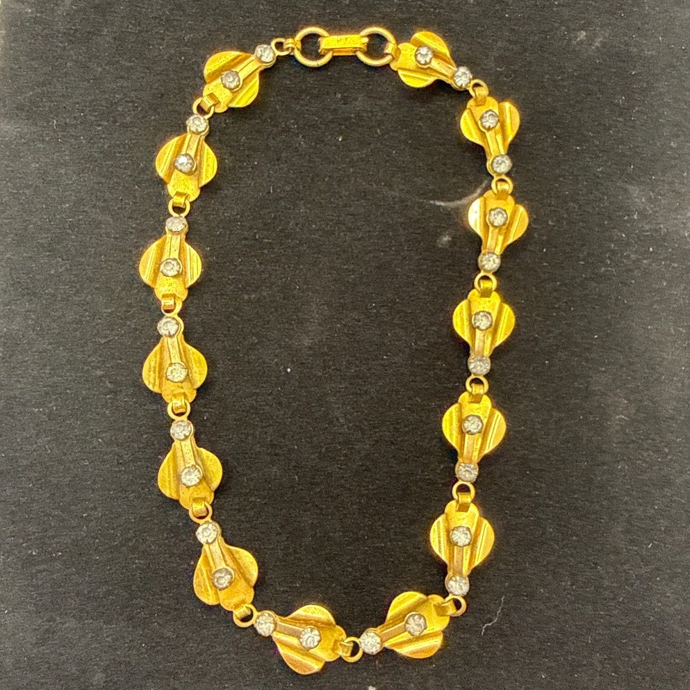 Vintage MCM Gold Tone Rhinestone Sculptural fan tail Link Choker Necklace 14"