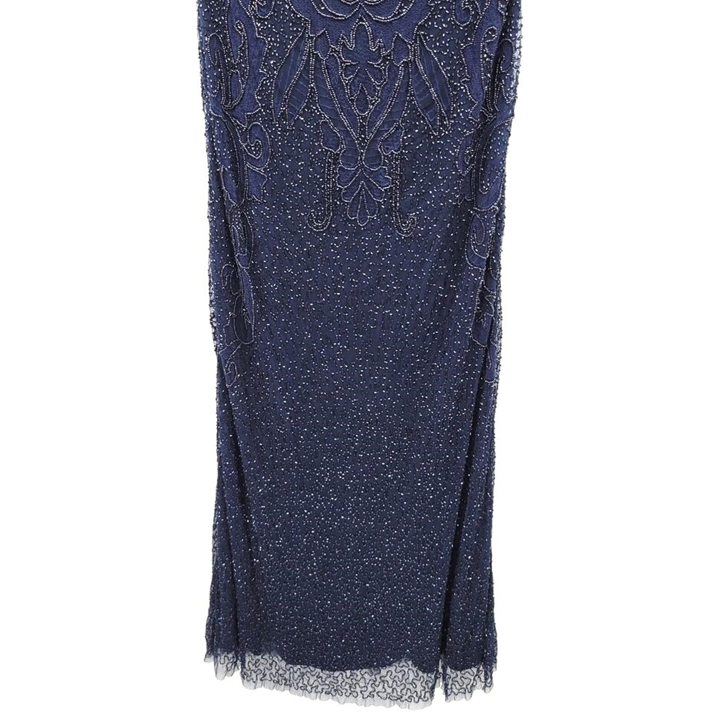 Pisarro Nights Column Dress cap sleeve Beaded Mesh Formal Gown Sz 12 in Navy NEW