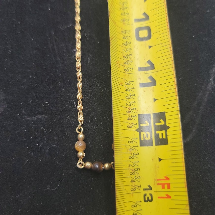 Vintage Gold Tone Link Necklace with Beaded Tiger Eye Accents Mid-Century
