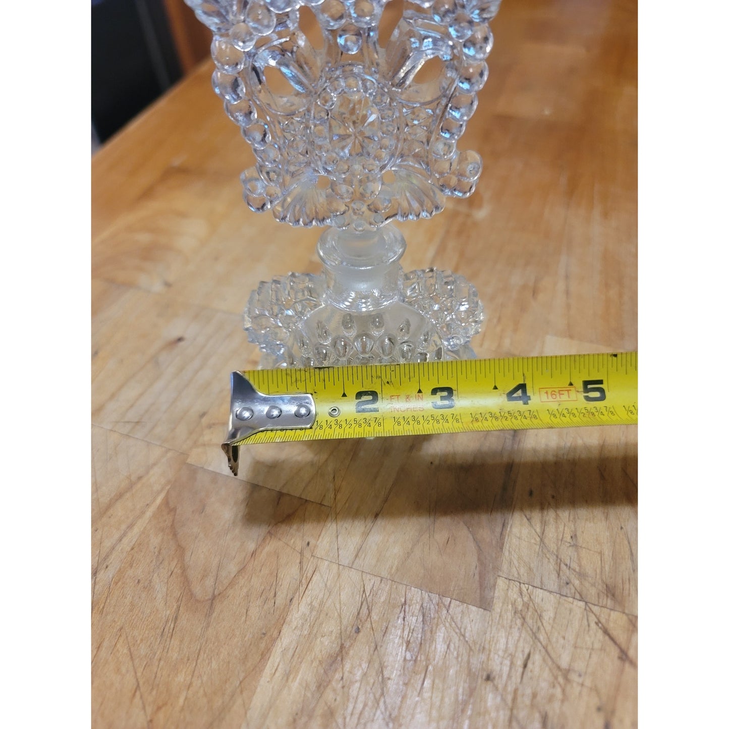 Vintage Clear Cut Glass Perfume Bottle with Large Filigree/Crown Stopper