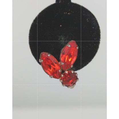 Vintage Red Marquise Rhinestone Leaf Cluster Clip On Earrings Silver Tone Retro