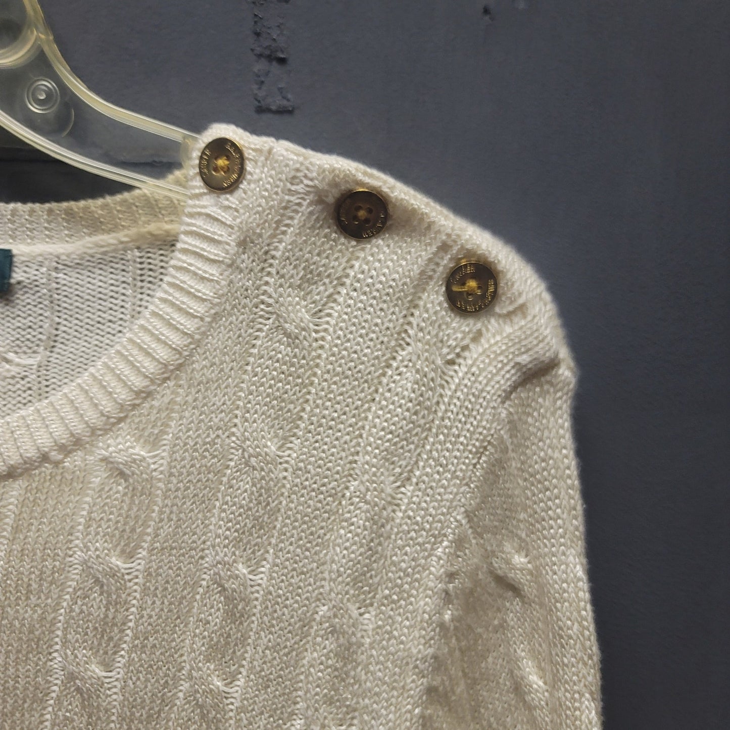 Lauren Ralph Lauren Cream Cable Knit Button Shoulder Sweater Medium Preppy Chic