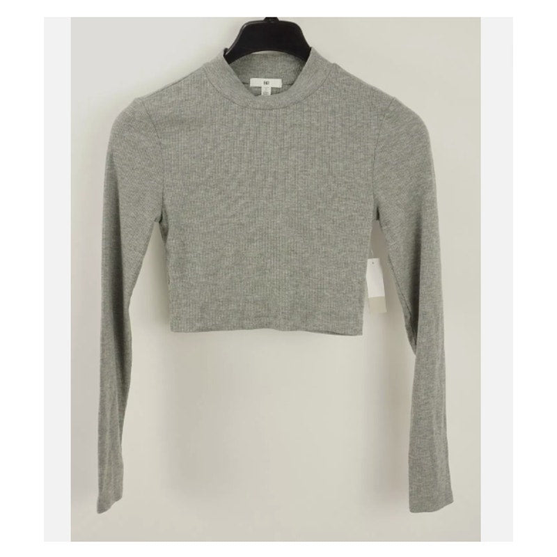 New BP Size SMALL Long Sleeve Gray Heather Rib Knit Stretch Mock Neck Crop Top