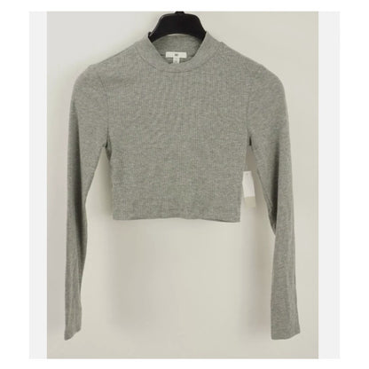 New BP Size SMALL Long Sleeve Gray Heather Rib Knit Stretch Mock Neck Crop Top
