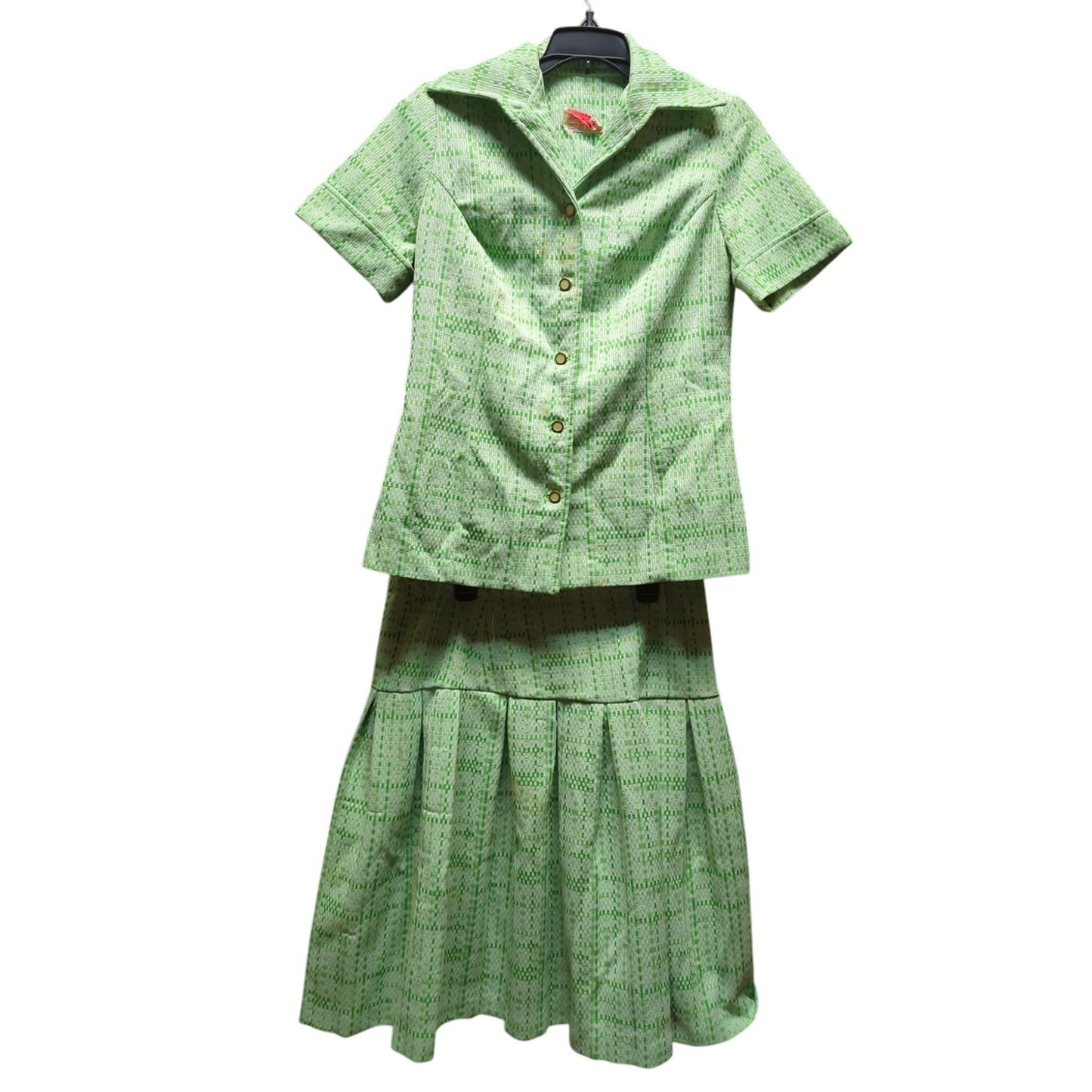 Vintage Polyester Knit 2 pc. pleated skirt blouse Set Green Size Medium