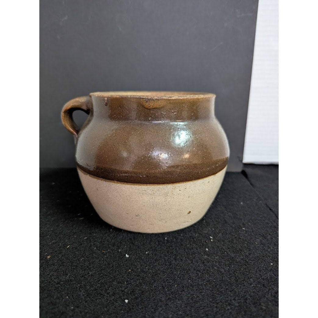 Vintage Stoneware Bean pot stews glazed finish handle brown cream 1 Quart