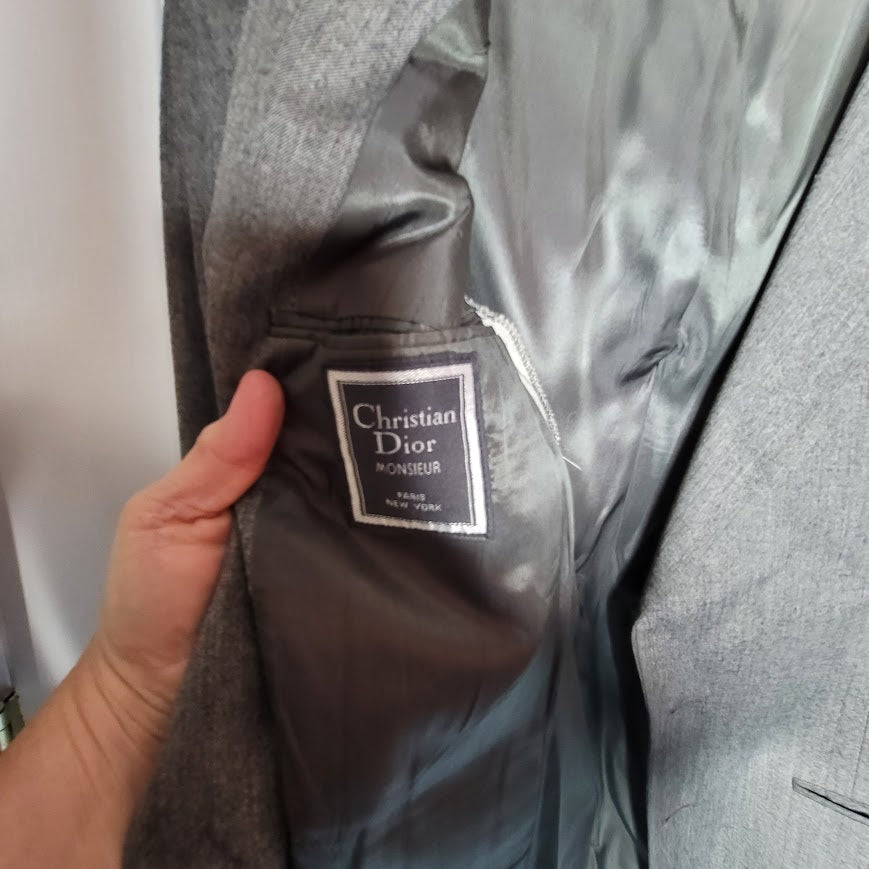 Christian Dior Vintage Wool 40L 2 pc. Suit Jacket Pants Grey Cuffed Pleated