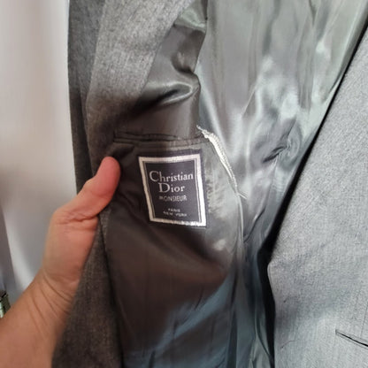 Christian Dior Vintage Wool 40L 2 pc. Suit Jacket Pants Grey Cuffed Pleated