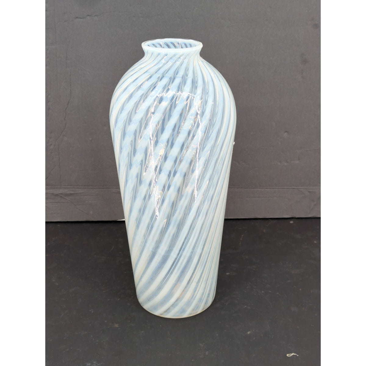 Vetro Murano Style White Swirl Art Glass Vase 14" Stripe Fluted Rim Delicate