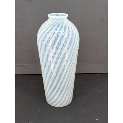 Vetro Murano Style White Swirl Art Glass Vase 14" Stripe Fluted Rim Delicate