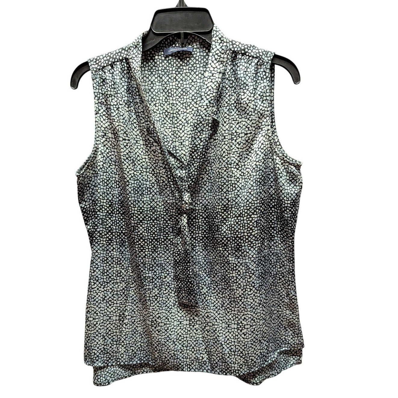 Tommy Hilfiger Blue & White Geometric Silk-Blend Sleeveless Tie-Neck Blouse S/M