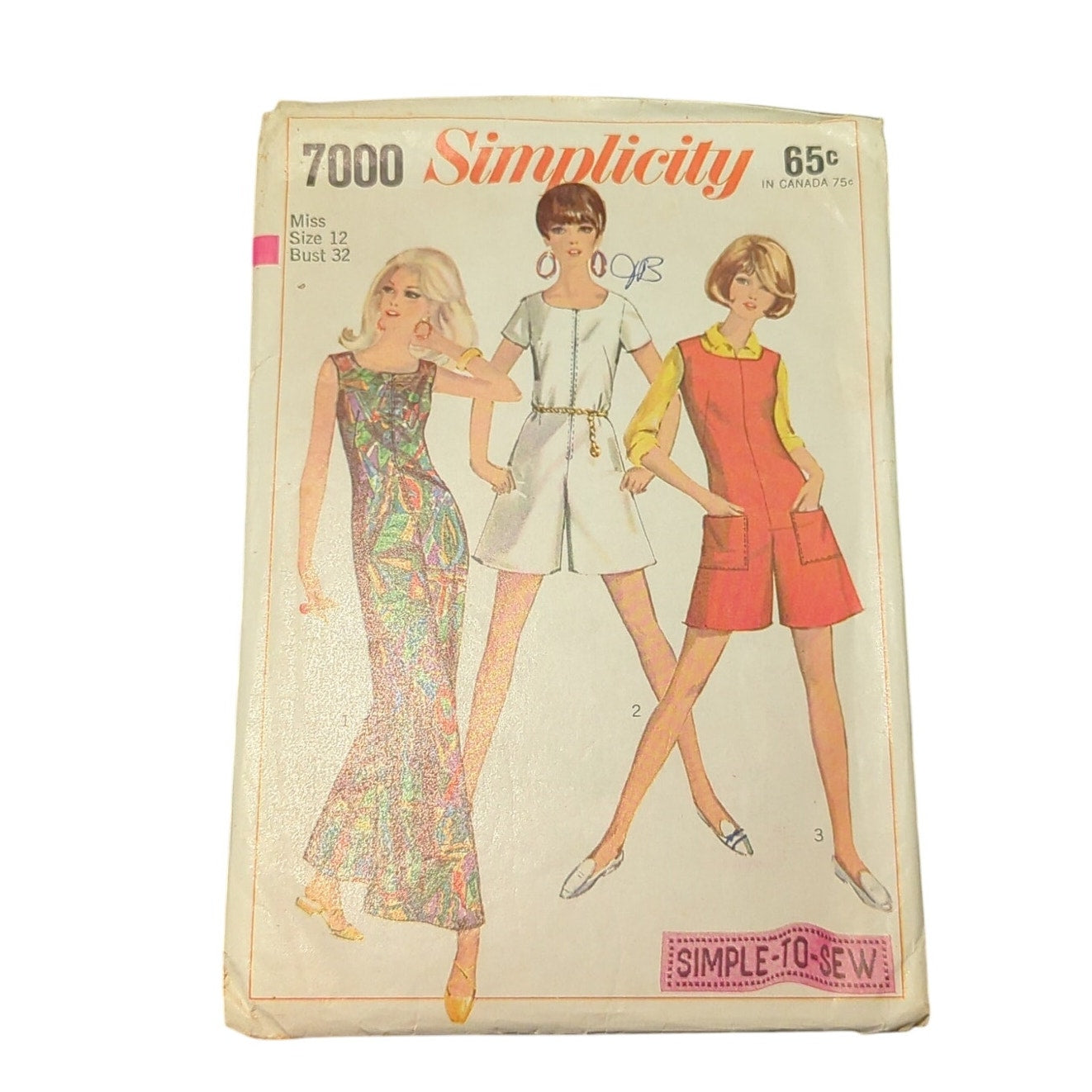 Vintage Sewing pattern Simplicity 7000, Size 12, Bust 34: dress and jumpsuit.
