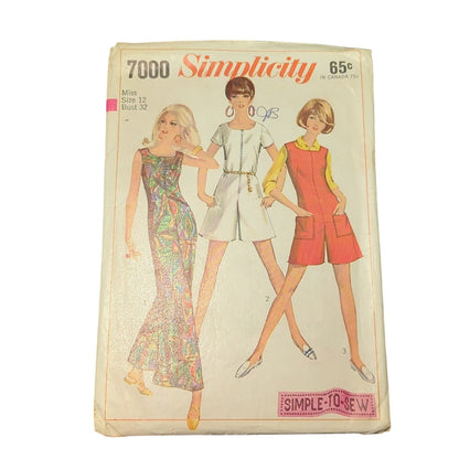 Vintage Sewing pattern Simplicity 7000, Size 12, Bust 34: dress and jumpsuit.