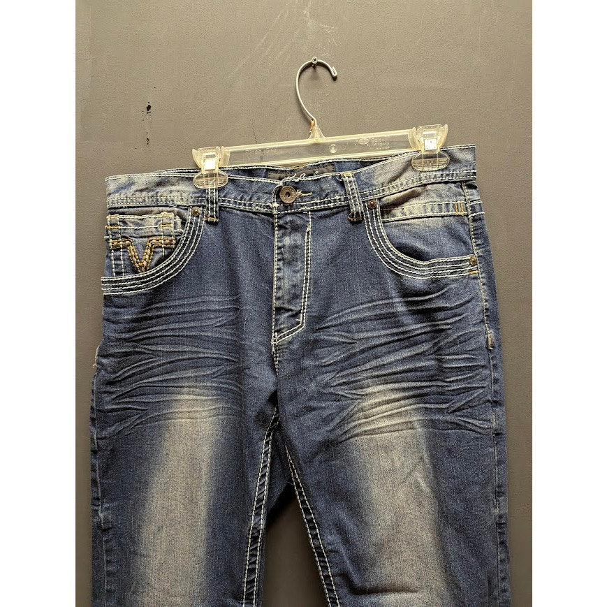 True Luck Men's 34x30 Bootcut Distressed Medium Wash Blue Jeans Y2K Grunge