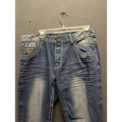 True Luck Men's 34x30 Bootcut Distressed Medium Wash Blue Jeans Y2K Grunge