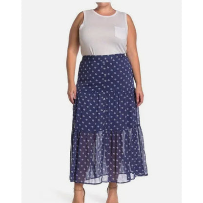 Fourteenth Place SUMMER Blue Printed FLOUNCE 1x Elastic Waist Pull On Skirt NEW