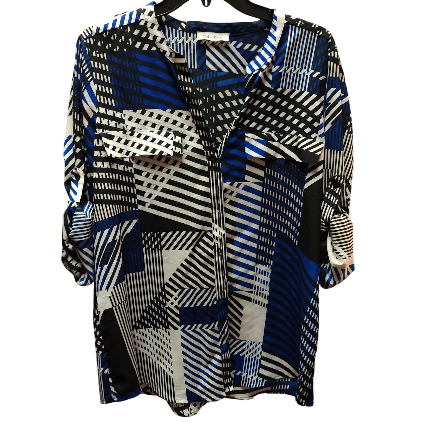 Calvin Klein Blue Black White Geometric Striped Roll Tab Sleeve Blouse Tunic M/L