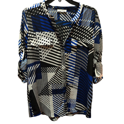 Calvin Klein Blue Black White Geometric Striped Roll Tab Sleeve Blouse Tunic M/L