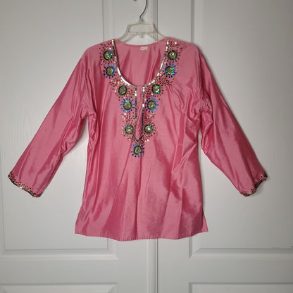 Fabindia Pink Embroidered Long Sleeve Tunic Top Beaded Embellishments size Large