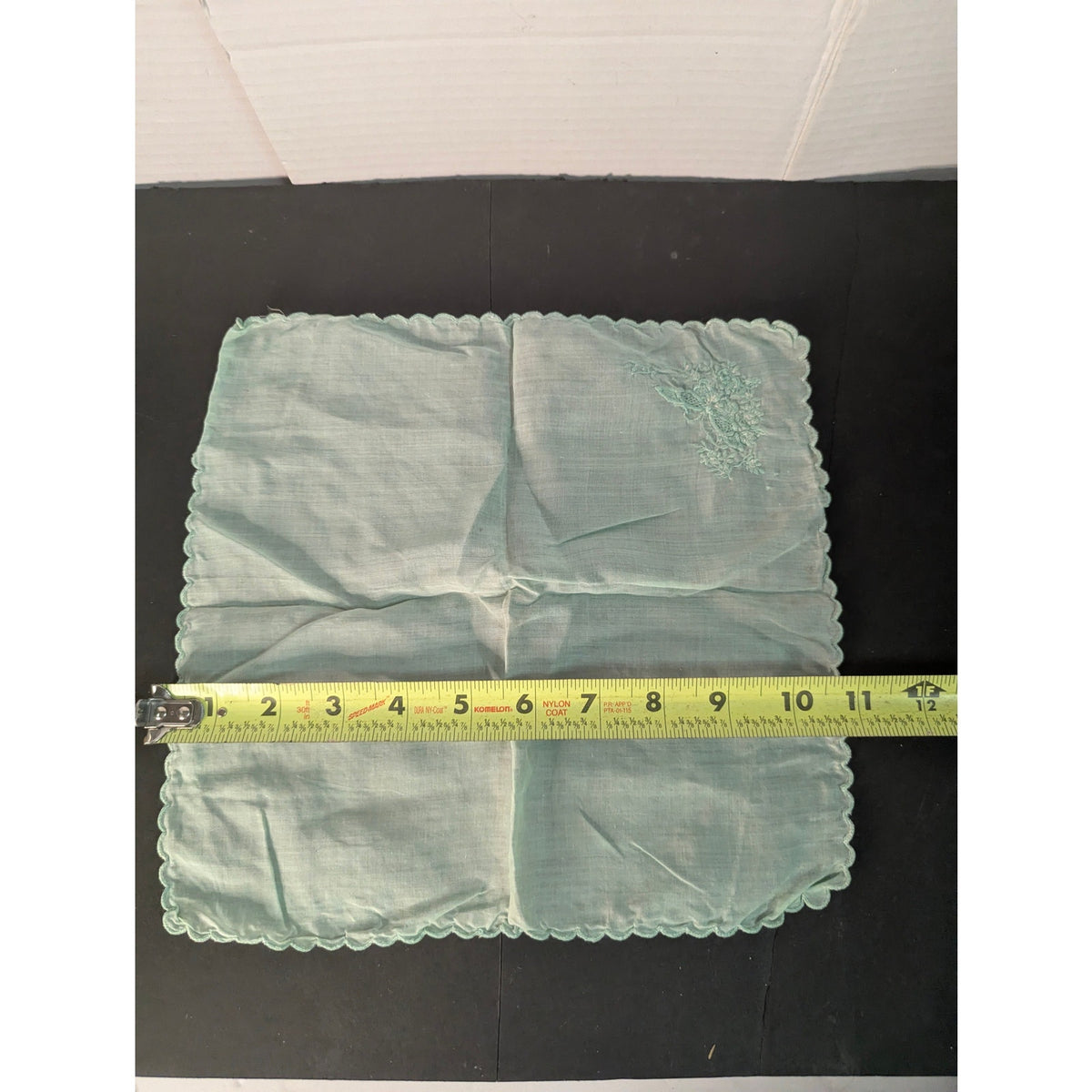 Vintage Light Green Embroidered Floral Handkerchief Scalloped Edge